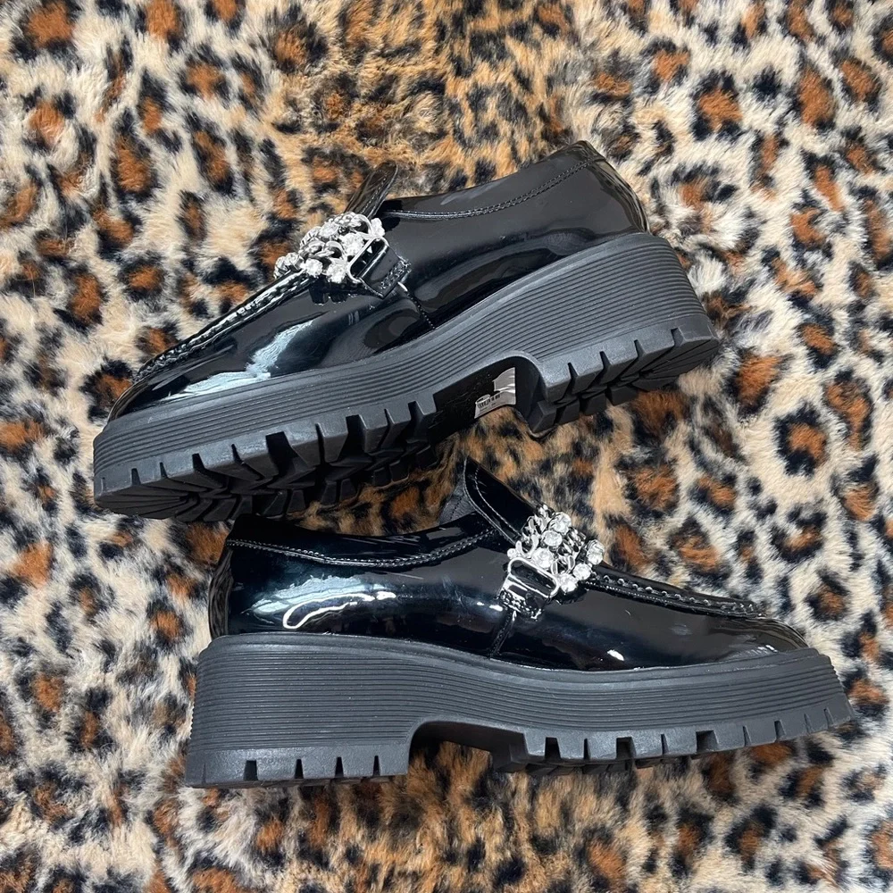 Steve Madden Black Patent Loafers with Rhinestone Accent - Picture 2 of 3